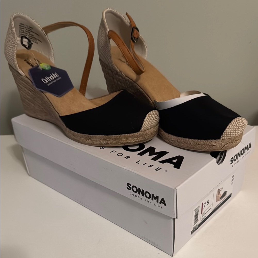 Sonoma Black and Tan Espadrille Wedges with Ankle Strap